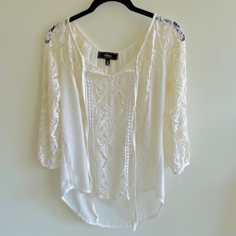 White Front Lace Blouse 3/4 Sleeve